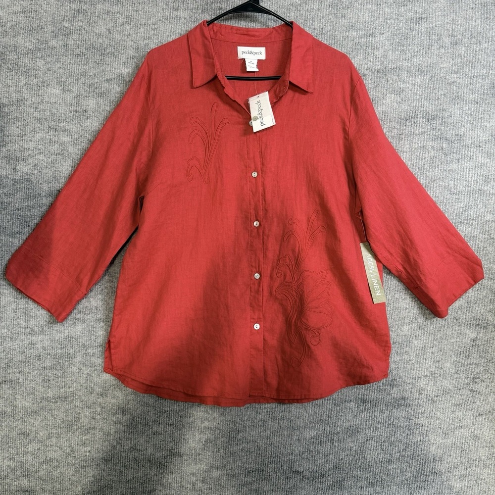 Peck & Peck Size-XL Women's 3/4 Sleeve Red Linen Button Down Shirt Embroidered